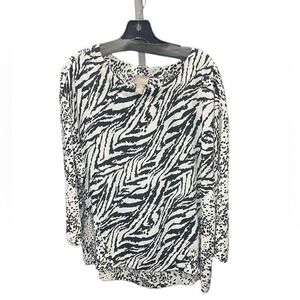 Chicos Mixed Animal Print Blouse Zebra Leopard 3/4 Sleeve Black White Size Large